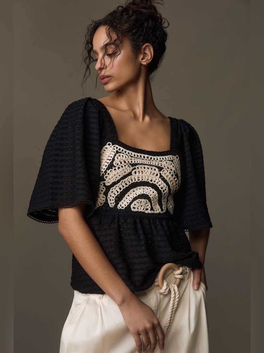Anthropologie Flutter Sleeve Crochet Top Size Medium